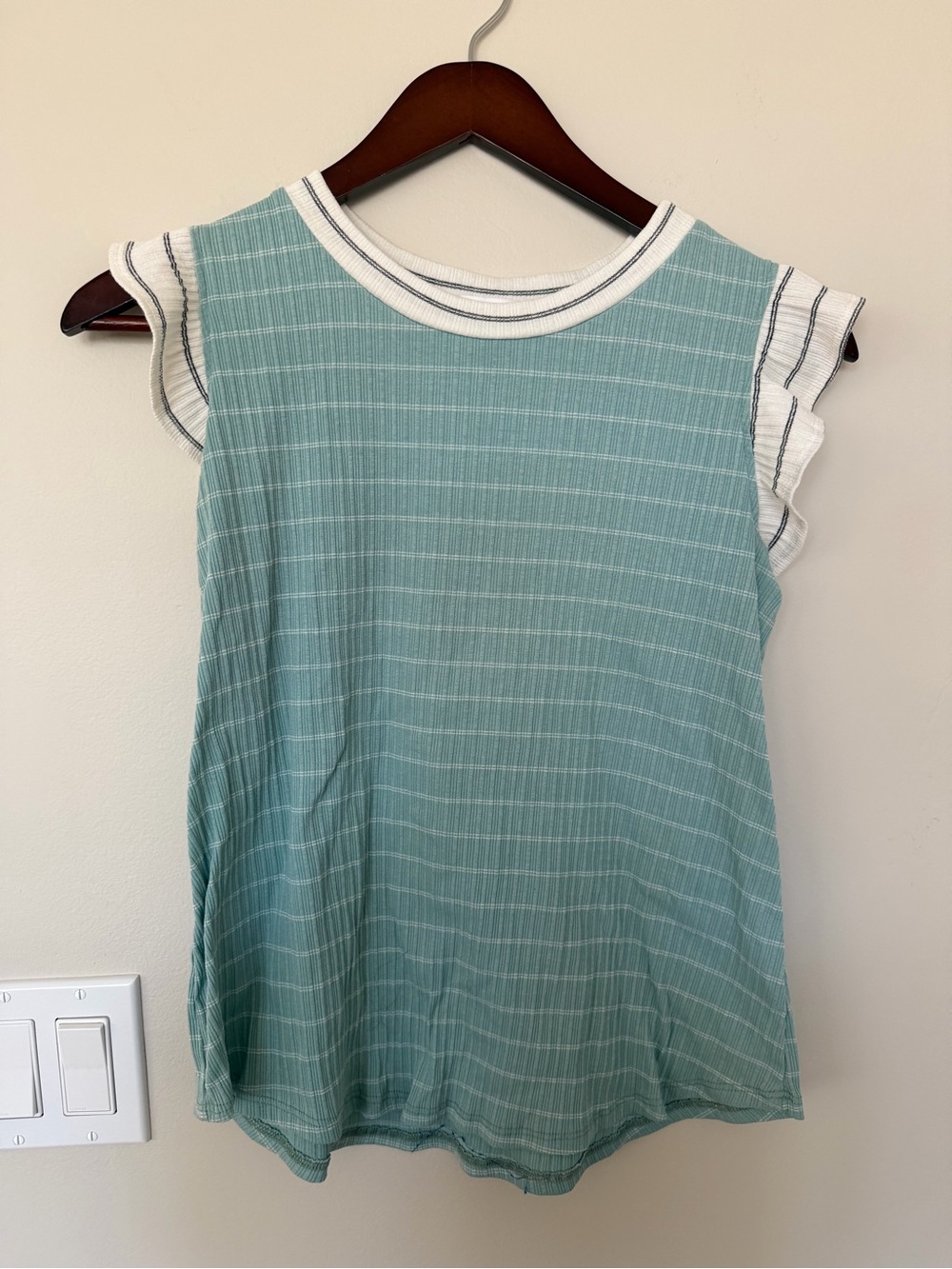 Ces Femme Seafoam Stripe Tank with White Ruffle Trim